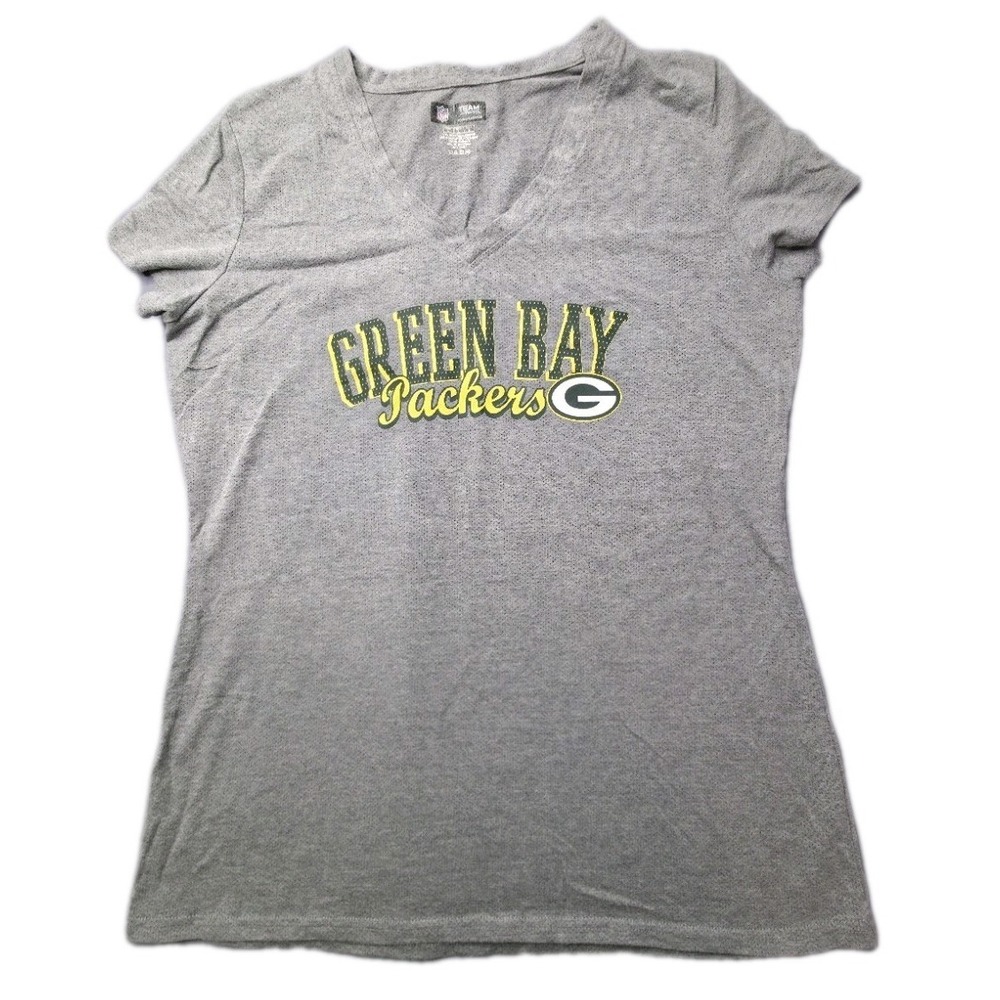 NFL Team Gray Bay Packers T-Shirt Women's V-Neck Large Short Sleeve